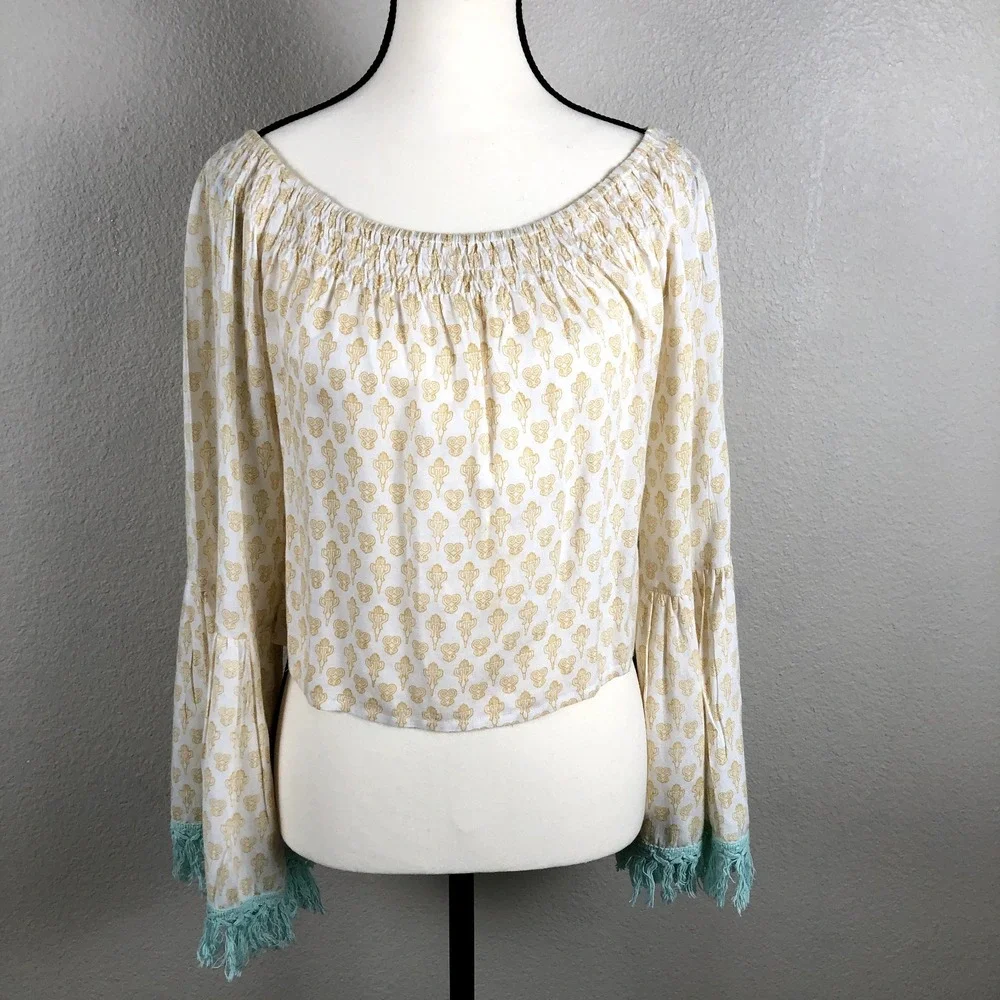 Anthropologie Raga Shirt Womens X Small Yellow Geo Cropped Fringe Bohemian‎ Boho